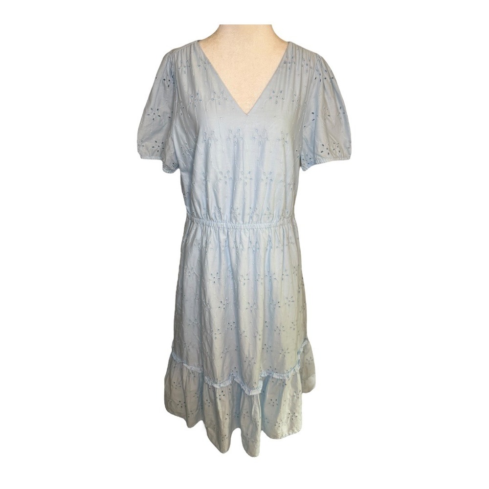 J. Crew Eyelet‎ Dress Cotton Puff Sleeve Tiered Light Blue Size 12 Petite